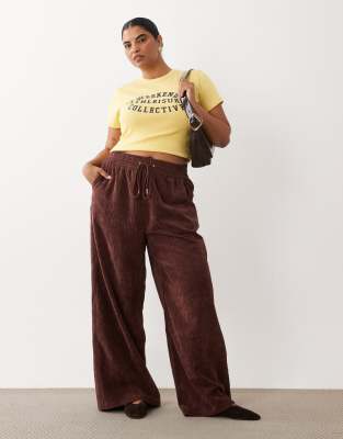 Asos Curve Asos Design Curve Pull On Waist Wide Leg Corduroy Pants In Brown