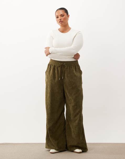 ASOS DESIGN Curve pull on waist wide leg corduroy pants in dark khaki - view 1