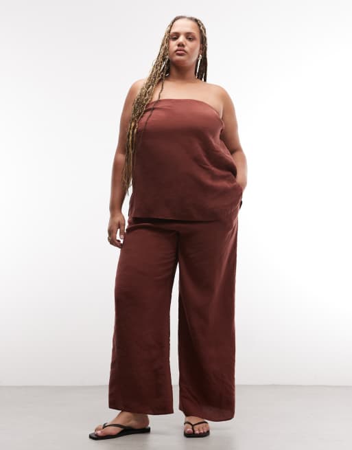 ASOS DESIGN Curve pull on wide leg trousers with split and bandeau co-ord in chocolate, 3 of 3