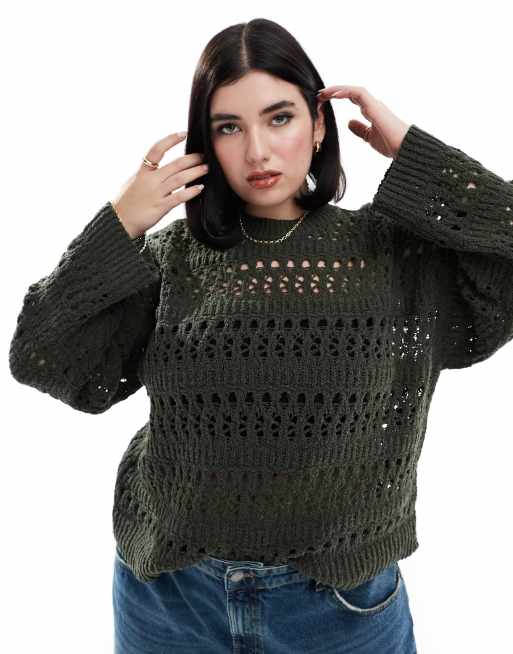 ASOS DESIGN Curve – Pullover aus strukturiertem Garn in Khaki mit grobmaschigem Design