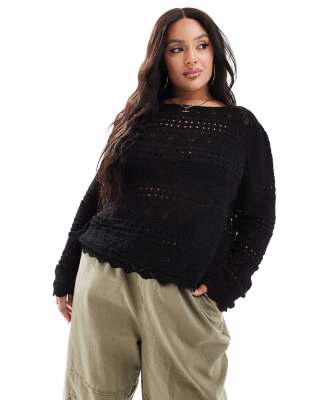 ASOS DESIGN Curve – Pullover in Schwarz mit Rundhalsausschnitt und verschiedenen Strickmustern