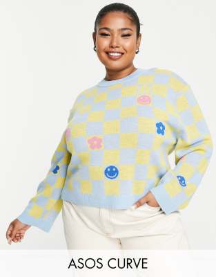 ASOS DESIGN Curve - Pullover mit Rundhalsausschnitt und Schachbrettmuster-Bunt