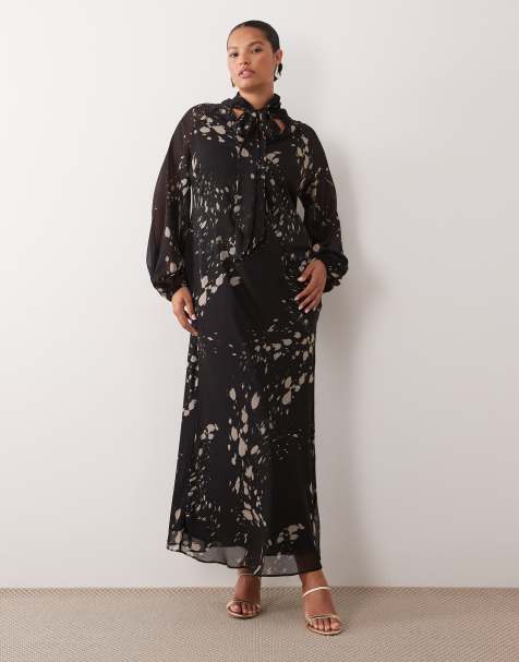 ASOS DESIGN Curve pussybow maxi dress in abstract splotch print - view 1