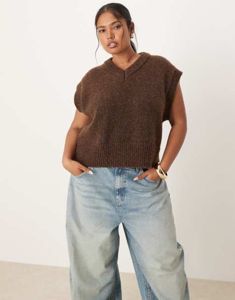ASOS DESIGN Curve boxy fluffy v neck tank in chocolate