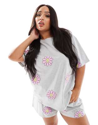 ASOS DESIGN Curve - Pyjama aus Oversize-T-Shirt und Shorts in Grau mit Blumenprints