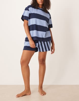 ASOS DESIGN Curve - Pyjama avec t-shirt oversize et short à rayures variées - Bleu marine-Multicolore 3XL