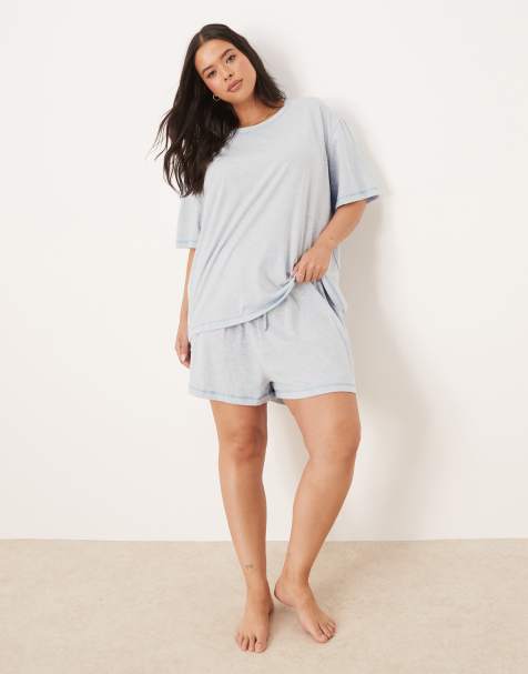 ASOS DESIGN Curve - Pyjama avec t-shirt oversize et short - Bleu chiné - view 1