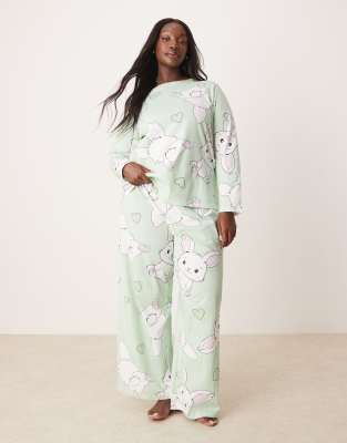 ASOS DESIGN Curve - Pyjama in Grau mit Häschen-Print, aus langärmligem Oberteil und Hose