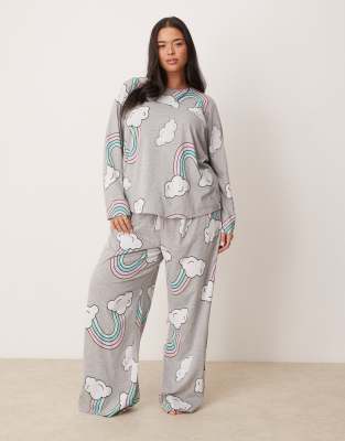 ASOS DESIGN Curve - Pyjama in meliertem Grau mit langärmligem Oberteil und Hose mit „Regenbogen"-Grafikprints