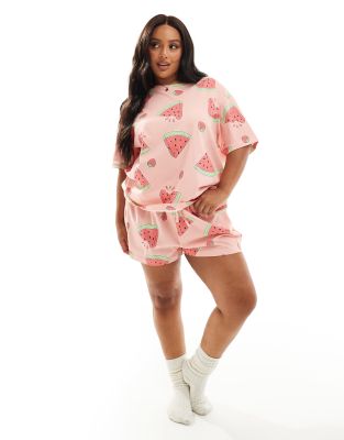 ASOS DESIGN Curve - Pyjama in Rosa mit Oversize-T-Shirt und Shorts mit Wassermelonen-Muster