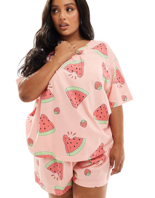 ASOS DESIGN Curve Pyjama in Rosa mit Oversize T Shirt und Shorts mit Wassermelonen Muster