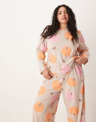 ASOS DESIGN Curve - Pyjama mit Kürbismuster, aus langärmligem Oberteil und Hose-Weiß