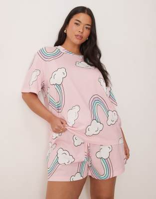 ASOS DESIGN Curve - Pyjama mit Regenbogen-Print in Rosa bestehend aus Oversize-T-Shirt und Shorts