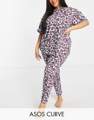 Lingerie et pyjamas DESIGN Curve - Pyjama oversize à imprimé animal et symbole de la paix avec legging et t-shirt - Bleu et marron