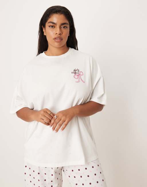 ASOS DESIGN Curve pyjama oversized tee and wide leg pants set in girls night graphic, 3 of 4
