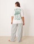 [ASOS Curve] ASOS DESIGN Curve pyjama oversized tee and wide leg pants set in stripe bed graphic-Green XL Green stripe