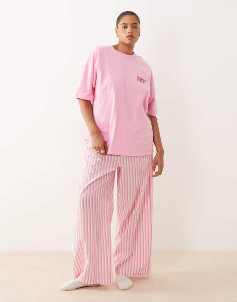 ASOS DESIGN Curve pyjama oversized tee and woven wide leg pants set in pink pasta graphic - view 1