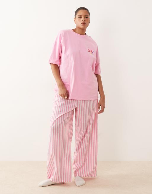 ASOS DESIGN Curve pyjama oversized tee and woven wide leg pants set in pink pasta graphic