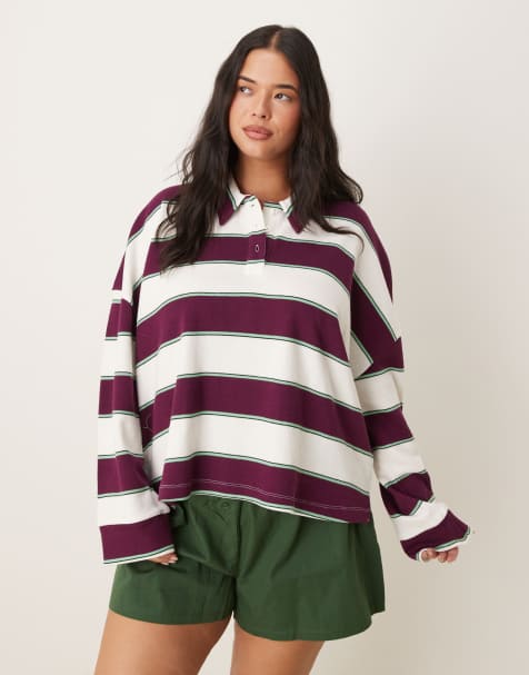 ASOS DESIGN Curve - Pyjamaset met polo met lange mouwen en shorts met bordeauxrode strepen - view 1