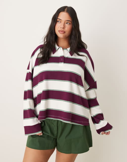 ASOS DESIGN Curve - Pyjamaset met polo met lange mouwen en shorts met bordeauxrode strepen