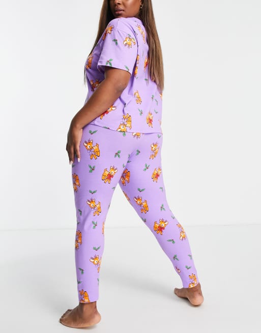 ASOS DESIGN Curve - Pyjamaset met T-shirt en legging met kerstrendier in violet, 2 van 4