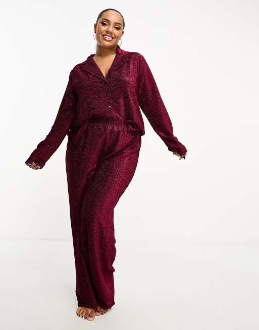 ASOS DESIGN Curve - Pyjamaset van overhemd en broek met glitter in roze