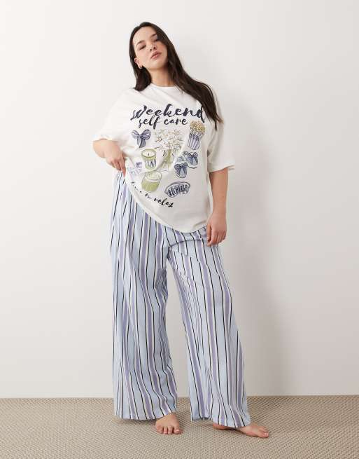 ASOS DESIGN Curve - Pyjamassæt med bukser med brede ben og oversized T-shirt med "Weekend Self Care"-print, 4 af 5