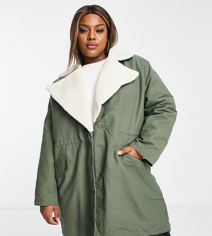 ASOS DESIGN Curve quilt lined parka coat with sherpa collar in olive-Green