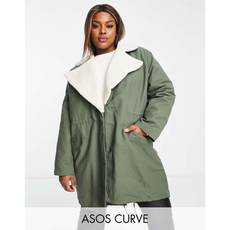 ASOS DESIGN Curve quilt lined parka coat with sherpa collar in