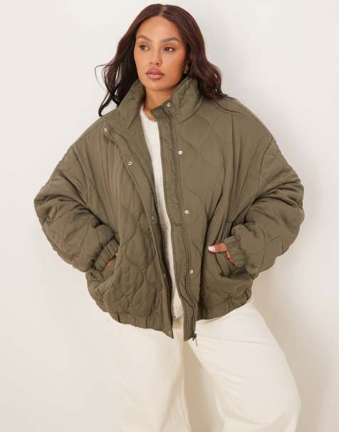ASOS DESIGN Curve quilted bomber jacket with yoke detail in olive - view 1