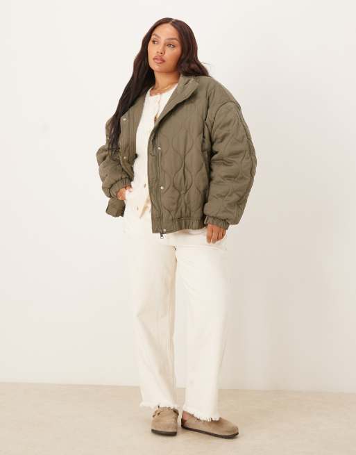ASOS DESIGN Curve quilted bomber jacket with yoke detail in olive