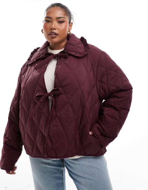 ASOS DESIGN Curve quilted frill collar jacket with tie front in burgundy