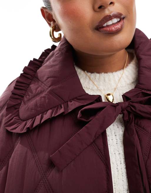 ASOS DESIGN Curve quilted frill collar jacket with tie front in burgundy