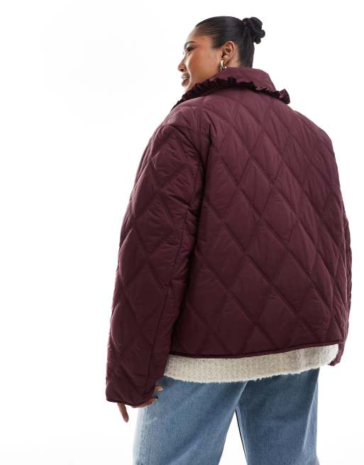 ASOS DESIGN Curve quilted frill collar jacket with tie front in burgundy
