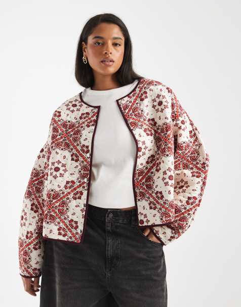 ASOS DESIGN Curve quilted jacket with bandana print in cream and red - view 1