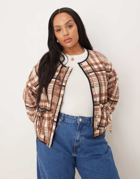 ASOS DESIGN Curve quilted jacket with bow pocket detail in pink and neutral check - view 1