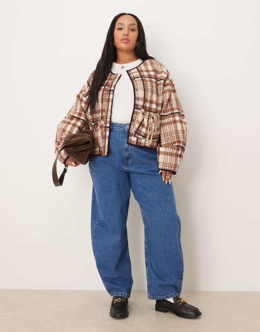 ASOS DESIGN Curve quilted jacket with bow pocket detail in pink and neutral check, 2 of 4