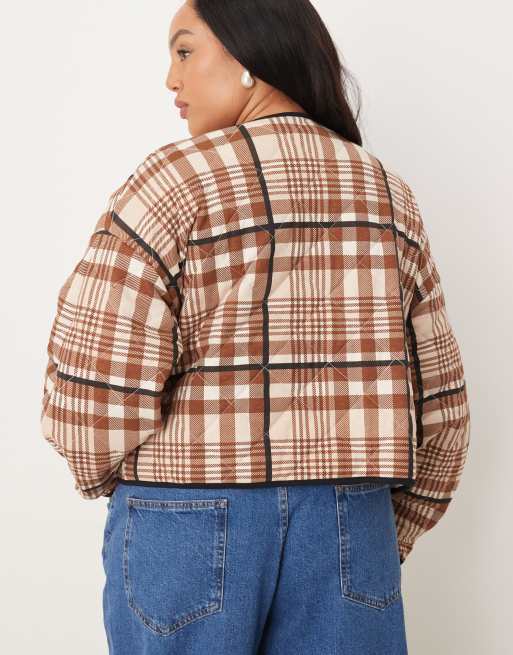 ASOS DESIGN Curve quilted jacket with bow pocket detail in pink and neutral check, 3 of 4