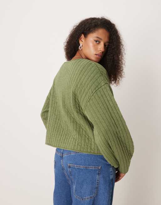 ASOS DESIGN Curve quilted jacket with bow pocket detail in washed khaki, 2 of 4