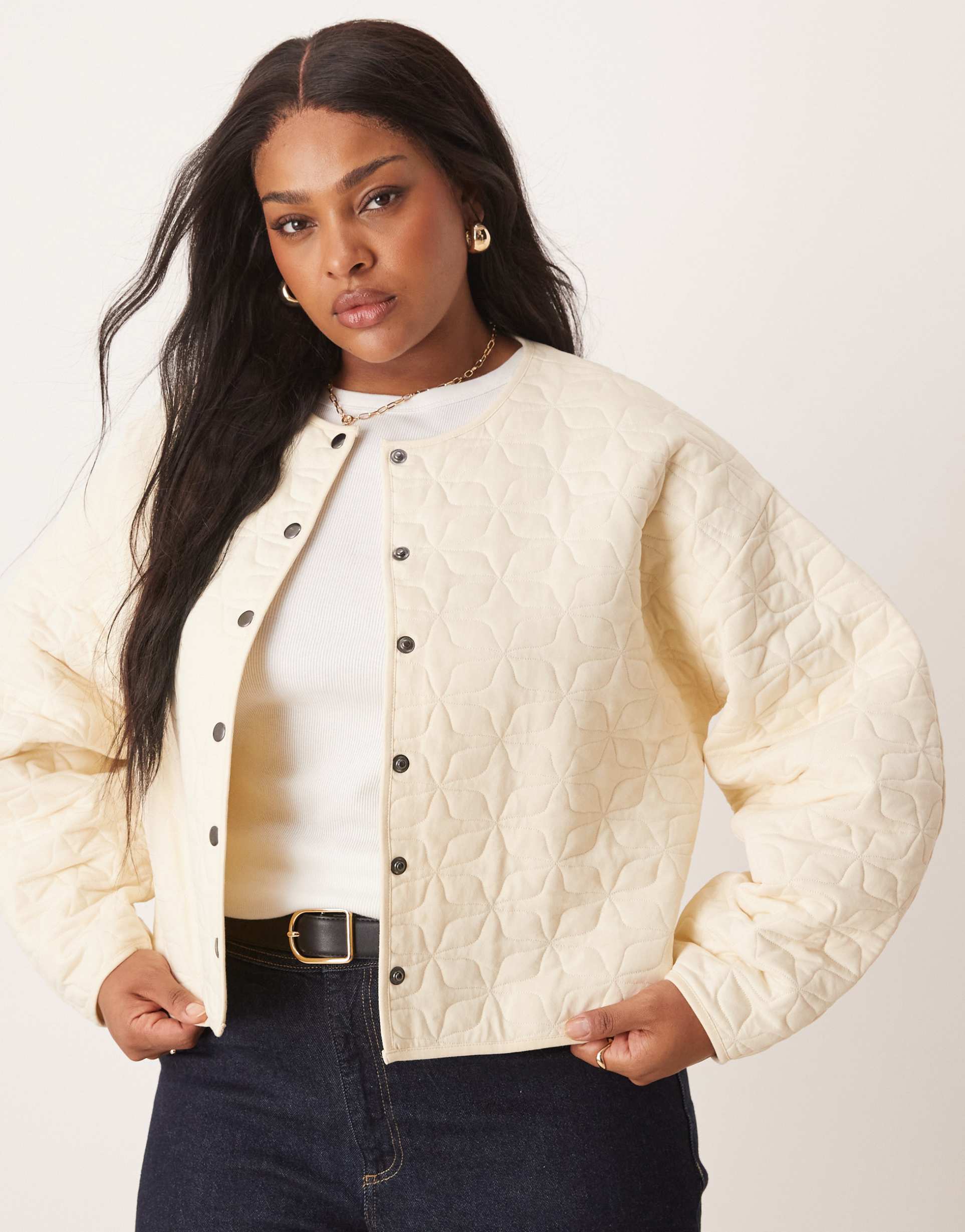 asos design curve quilted jacket with cocoon sleeve in washed cream