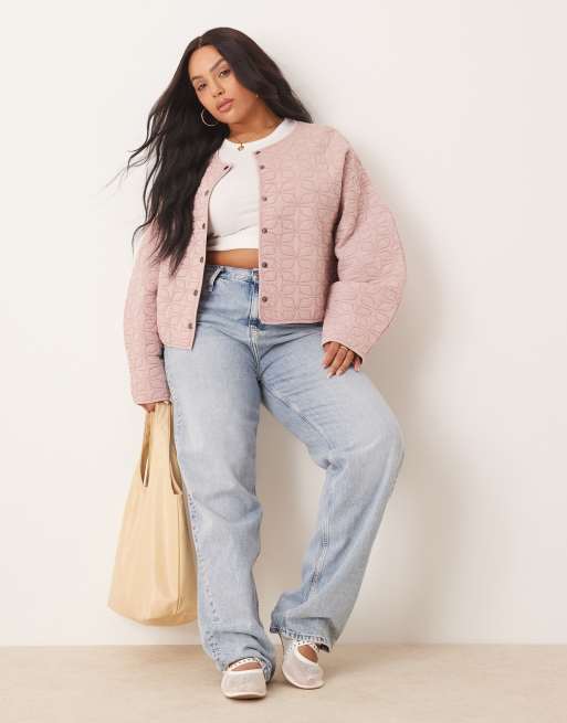 ASOS DESIGN Curve quilted jacket with cocoon sleeve in washed pink, 2 of 4