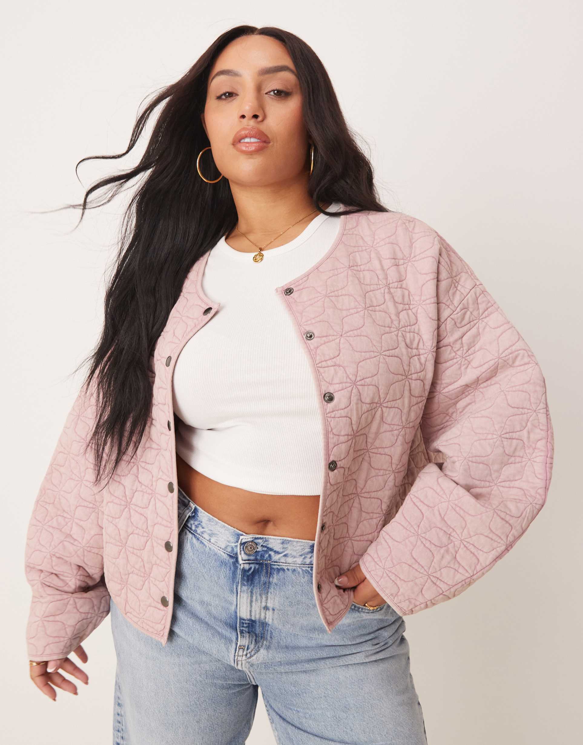 asos design curve quilted jacket with cocoon sleeves in washed pink