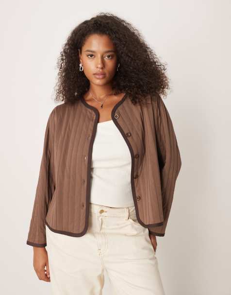 ASOS DESIGN Curve quilted jacket with contrast piping detail in chocolate - view 1