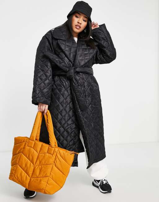 ASOS DESIGN Curve quilted puffer trench coat with belt in black BLACK