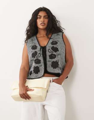 Asos Curve Asos Design Curve Quilted Striped Vest With Embroidered Floral Design In Multi