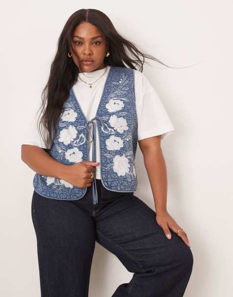 ASOS DESIGN Curve Quilted waistcoat with embroidery in denim wash - view 1