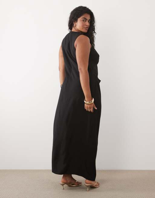 ASOS DESIGN Curve racer cupro tuck detail maxi dress in chocolate, 4 of 4