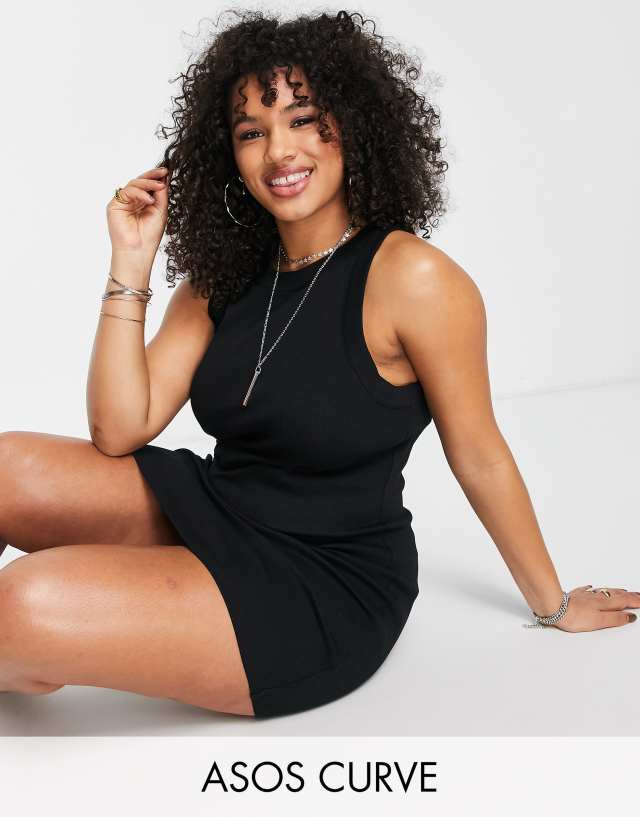 ASOS DESIGN Curve racer front ribbed mini tank dress in black