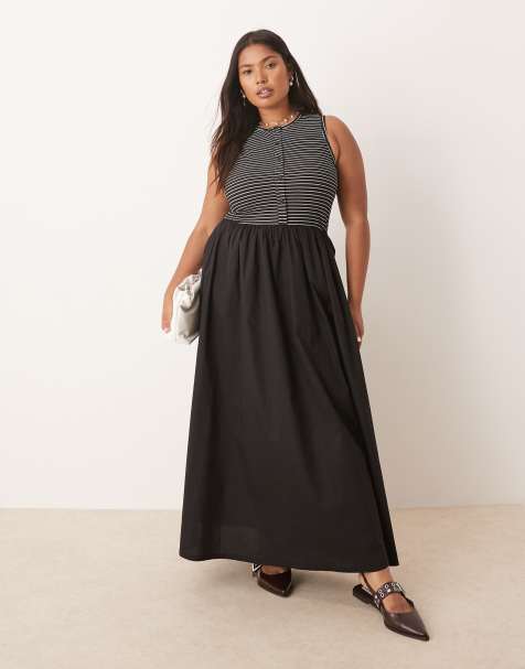 ASOS DESIGN Curve racer neck button down midi dress with poplin skirt in mono stripes - view 1