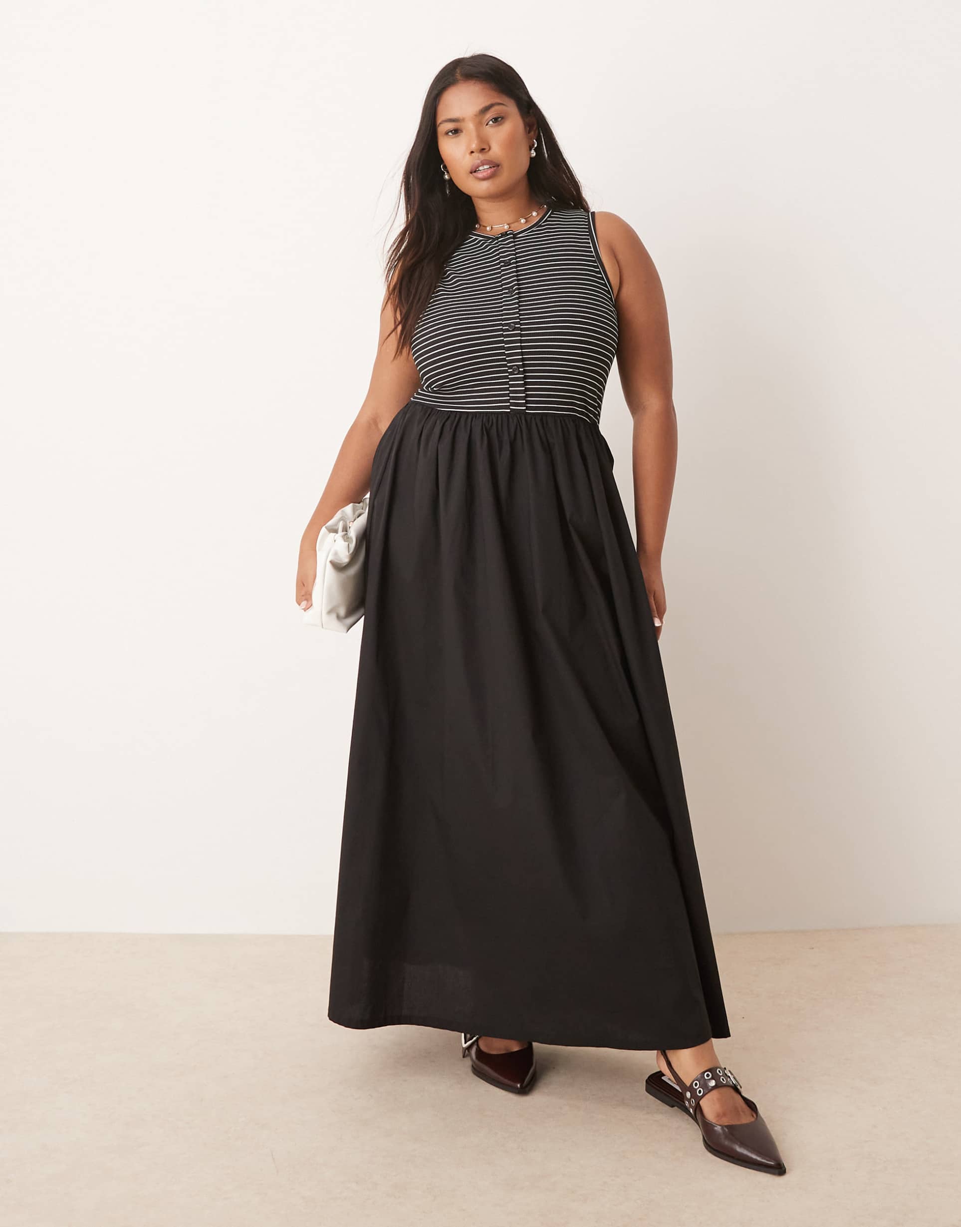 asos design curve racer neck button down midi dress with poplin skirt in mono stripes